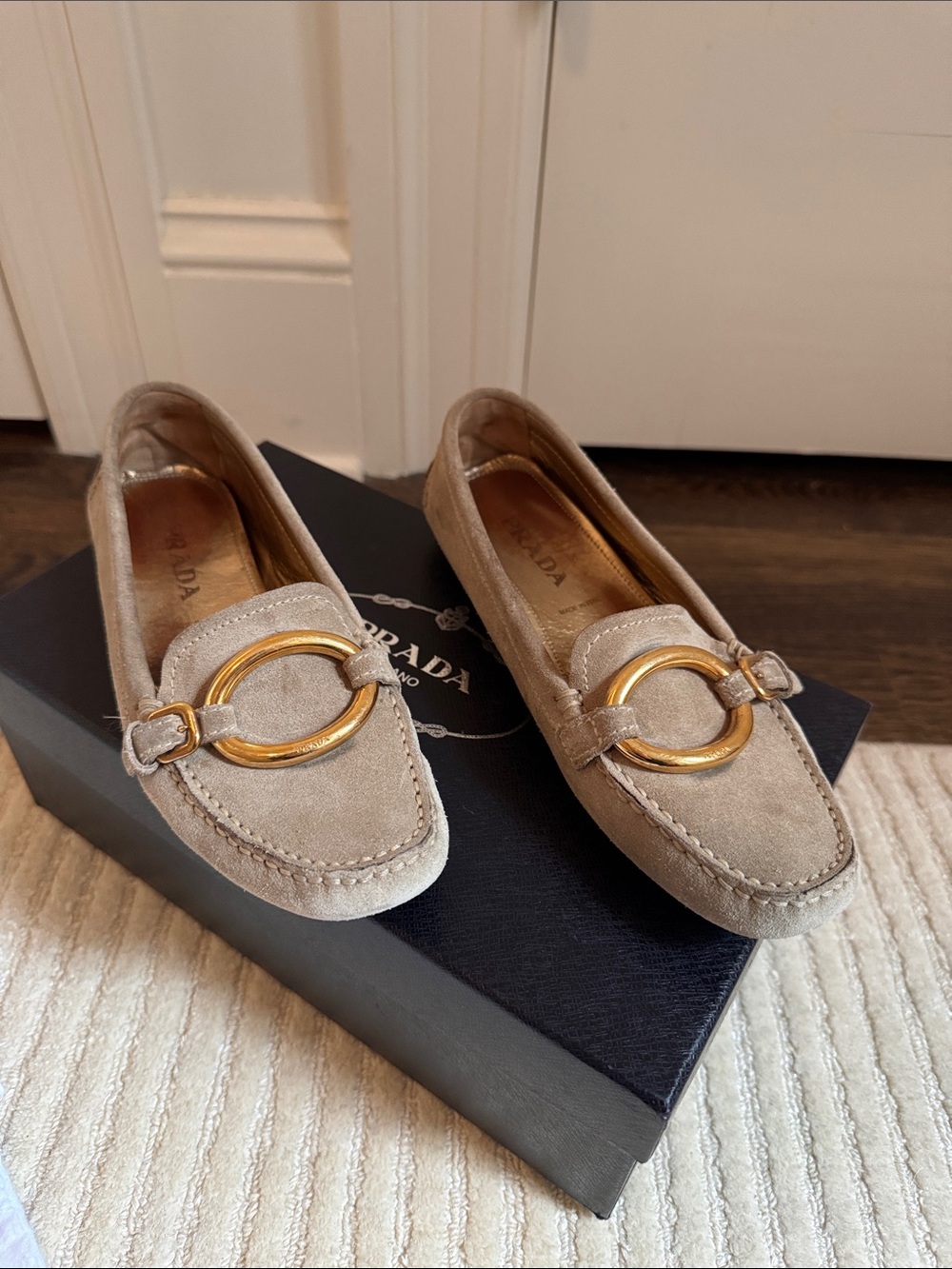 Prada Taupe Suede Loafers with Gold Horsebit
